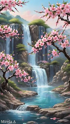 a painting of a waterfall with pink flowers