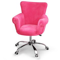 a pink office chair sitting on top of a metal base