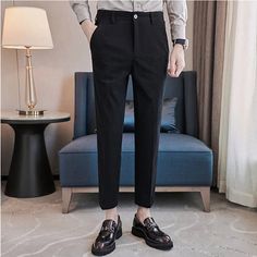 SPECIFICATIONS Material: Polyester Applicable Season: Spring and Autumn Style: England Style Applicable Scene: BUSINESS Front Style: Flat Pant Closure Type: Zipper Fly Gender: MEN Item Type: Suit Pants Black Slim Fit Straight Dress Pants, Black Slim Fit Ankle-length Dress Pants, Slim Fit Ankle-length Black Pants, Black Slim Fit Work Pants, Black Slim Fit Work Pants With Pockets, Black Work Pants For Fall, Black Slim Fit Work Pants For Business Casual, Black Slim Fit Dress Pants With Pockets, Tailored Black Work Pants For Business Casual