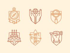 hand holding a compass, stopwatch and other symbols in line art style on beige background