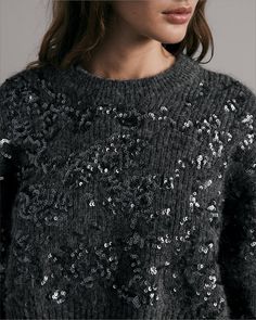 Liza Sequin Sweater - Dark Grey | rag & bone Sequined Sweater For Winter, Sequin Crew Neck Sweater, Glamorous Sweater For Night Out, Winter Contrast Sequin Tops, Winter Tops With Contrast Sequin, Chic Embellished Fall Sweater, Winter Night Out Sweater With Sequins, Sequined Sweater For Night Out In Winter, Glamorous Fall Sweater For Night Out