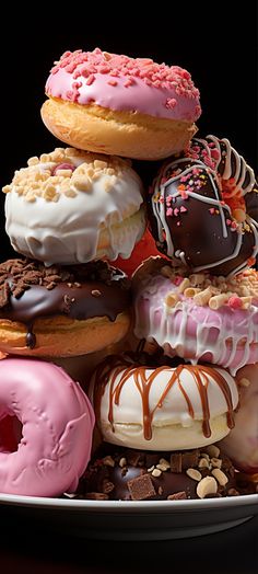 a pile of donuts sitting on top of a plate covered in frosting and sprinkles