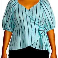 Worthington Worthington Womens V Neck Elbow Sleeve Wrap Shirt Aqua Stripe Medium Chic Blue Top With Bow, Chic Blue Tops With Bow, Spring V-neck Top With Bow Detail, Spring V-neck Top With Bow, V-neck Top With Bow For Spring, Short Sleeve Cotton Blouse With Bow, Fitted Casual Blouse With Bow, Fitted V-neck Top With Bow, Spring Office Tops With Bow Detail