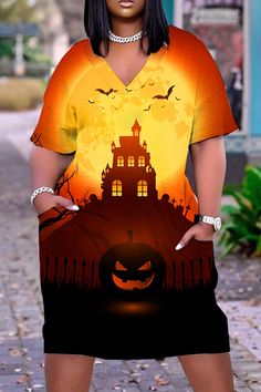 Halloween Costume Orange Casual Print Basic V Neck Short Sleeve Dress Casual Short Sleeve Halloween Dress, Casual Halloween Dress For Costume Party, Casual Halloween Costume Party Dress, Midi T Shirt Dress, Skull Pumpkin, Halloween Costumes Friends, Dress Sleeve Styles, Dress Halloween Costume, Pumpkin Print