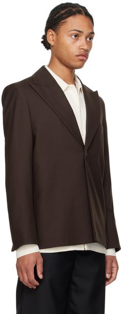 Polyester- and wool-blend twill blazer. · Peaked lapel · Single-button closure · Welt pocket at chest and interior · Vent at cuffs · Full satin lining · Horn hardware Supplier color: Sludge wool Brown Blazer With Concealed Placket For Business, Tailored Brown Tuxedo Blazer, Brown Tailored Tuxedo Blazer, Formal Brown Blazer With Concealed Placket, Brown Tuxedo Blazer With Notch Lapel, Brown Tuxedo Style Semi-formal Blazer, Brown Tuxedo Style Business Blazer, Brown Tuxedo Blazer For Business, Brown Tuxedo Blazer For Semi-formal Occasions