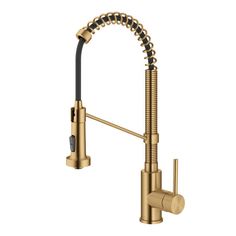 the kitchen faucet is shown in gold with black spout and brass handles