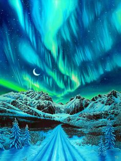 a painting of the night sky with an aurora bore over a snow covered road and evergreen trees