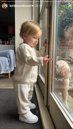 a small child standing by a window looking out at a dog on the other side