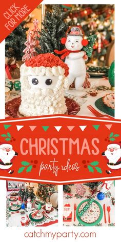 a christmas party with snowman and santa clause on the table, surrounded by other holiday decorations