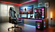 a gaming room with two monitors, speakers and a chair in front of the desk