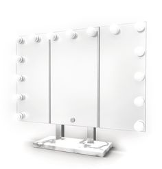 an illuminated vanity mirror with lights on it