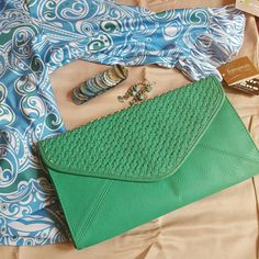 Woven Flap Clutch Green Rectangular Summer Clutch, Green Summer Beach Clutch, Embellished Green Clutch, Eco-friendly Handwoven Vacation Clutch, Green Beaded Rectangular Clutch, Green Clutches, Bag Lady, Green, Women Shopping