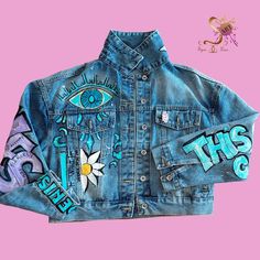 Unique Hand-painted Denim Jacket,pink Panther, Daisies, Jungle, Evil Eyes - Etsy Spring Artistic Denim Jacket With Custom Artwork, Artistic Denim Jacket With Custom Artwork For Spring, Spring Hand Painted Denim Jacket, Blue Denim Jacket With Custom Artwork For Spring, Trendy Cotton Denim Jacket With Custom Artwork, Hand Painted Blue Denim Jacket For Spring, Spring Hand Painted Blue Denim Jacket, Artistic Blue Denim Jacket For Spring, Spring Denim Jacket With Custom Artwork