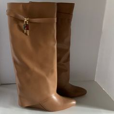 Brand New 3inch Wedge Knee Boots, If You Have Big Calves They Will Not Fit Over Your Calves Chic Brown Wedge Boots For Spring, Boots For Big Calves, Tan Tall Boots, Square Toe Leather Boots, Cole Haan Boots, Red Cowboy Boots, Big Calves, Wrap Boots, Low Heel Boots