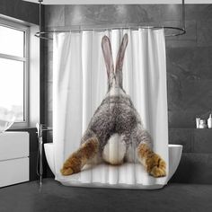 a rabbit is sitting on the shower curtain