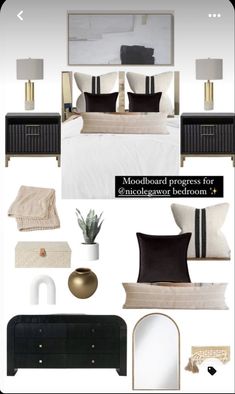 black and white bedroom mood board with gold accents