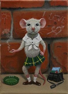 a painting of a rat wearing a skirt and bow tie standing in front of a brick wall