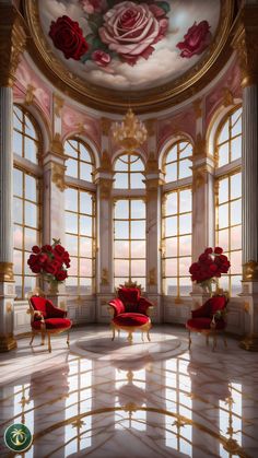 a room with roses painted on the ceiling and two red chairs in front of large windows