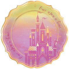 a pink and yellow plate with a castle on it that says once upon a time