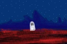 a ghost standing in the middle of a field at night with mountains in the background