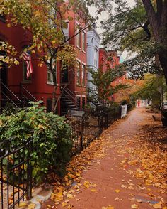 an autumn scene with leaves on the ground and red buildings in the backround