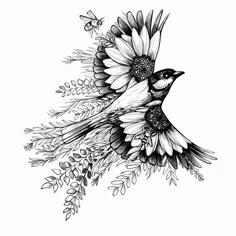 a black and white drawing of two birds with flowers