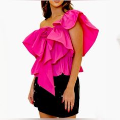 New With Tag One Shoulder Asymmetric Top. Voluminous Ruffled Shoulder With A Large Flower. Invisible Side Zipper. Fully Lined. Xs: 14” Bust Across S: 15” Bust Across Fitted Pink One Shoulder Top For Party, Spring Blouse With Ruffles And Asymmetrical Hem, Spring Pink Fitted One Shoulder Top, Spring Fitted Pink One Shoulder Top, Summer Blouse With Ruffles And Asymmetrical Hem, Trendy Party Blouse With Ruffle Hem, Chic Pink One-shoulder Top, Chic Asymmetrical Hem Blouse With Ruffles, Chic Blouse With Ruffles And Asymmetrical Hem