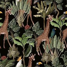 giraffes and birds in the jungle seamless pattern with tropical plants on black background