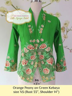 NEW beautiful & delicate Peranakan Nyonya kebaya. This traditional Peranakan top suitable for a formal occasions like wedding & graduation (worn with sarong) and casual wear: office & outing (style as a jacket) Motif: intricate flower embroidery Material: comfortable cotton voile Technique: double-sided embroidery size: XS. please refer to each colour. Because our products are handmade, so only 1 pc available. For more details and products, visit www.littlenyonyabatik.com Shipping information: K Nyonya Kebaya, Embroidery Materials, Flower Embroidery, Women's Costumes, Cotton Voile, Sarong, Embroidery Flowers, Formal Occasion, Big Size