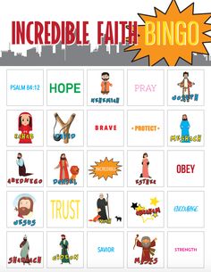 Incredible Faith Bingo - Children's Ministry Deals Hall Of Faith, Bible Bingo, Bible Games For Kids, Superhero Vbs, Kids Church Activities, Bingo Games For Kids, Childrens Ministry Curriculum, Kids Church Lessons, Sunday School Games