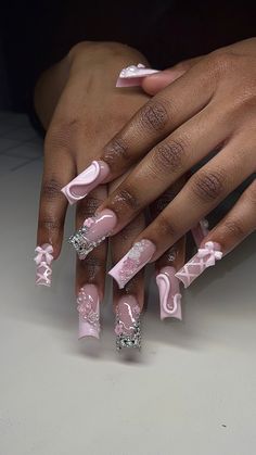 Cute pink acrylic nails with bow tie designs and stones. Unusual Nail Designs, Long Acrylic Nail Designs, Hard Nails, Dope Nail Designs, Short Square Acrylic Nails, Acrylic Nails Coffin Pink, Long Square Acrylic Nails