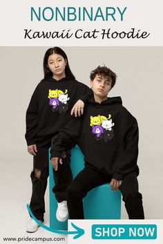 two people in black hoodies sitting on a blue chair with the words bisexual kawaii cat hoodie