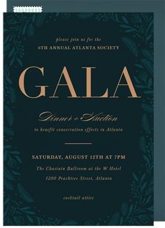 an elegant black and gold galaa party card with the word gala on it's front