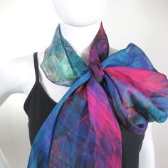 "Silk Chiffon Scarf in Blue/Magenta/Multicolor. Vivid colors fade from purple to magenta to blue.  You won't believe the vivid colors on this scarf!  This is a procedural design, drawn with an animated digital brush.   This lightweight, sheer silk chiffon drapes beautifully and is amazingly smooth and luxurious to the touch, feels lovely to wear. * Digitally printed original design * 100% silk chiffon. * Approx. 70\" x 16\" (approx. 182cm x42cm) * Machine hemmed * Dry clean only * Iron on medium Multicolor Scarves For Summer Parties, Multicolor Summer Scarves For Party, Multicolor Summer Party Scarves, Purple Silk Scarf For Summer Gift, Summer Purple Silk Scarf As A Gift, Summer Gift Purple Silk Scarf, Purple Scarves As Summer Gifts, Summer Purple Silk Scarf, Festival Scarves