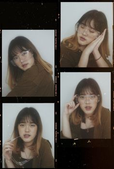 four different pictures of a woman with glasses on her face and hands in front of her face