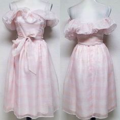 60s Vintage Union Made Pink Sherbet Off-Shoulder Ruffled Tie-Waist Midi Dress. - Ilgwu, Union Made - Peach, Pink, Blue, Green And White Stripes In A Pastel Hue And Made Of Organza - Spaghetti Straps And Ruffled Off-Shoulder Sleeves - Non-Stretchy - Fitted Waist, Tie-Waist With A Removable Sash - Full Skirt - Midi Length, Knee Length - Fully Lined - Made In The Usa Size 7-8, Small Approximate Measurements(Flatlay): Bust - 16.5 Inches Waist - 12.5 Inches Length (Bust Down) - 38.5 Inches Vintage Retro Mardi Gras Bohemian Boho Multicolor Flowy Romantic Ethereal Soft Feminine Bride Bridal Guest Bridesmaid Elegant Colorful Barbie Barbie Core Barbiecore Pastel Dress Sorbet Dress Easter Dress Tea Pink A-line Midi Dress With Ruffles, Vintage Off-shoulder Dress With Ruffles, Pink Vintage Dress For Summer Party, Pink Retro Midi Dress, Vintage Off-shoulder Dress For Garden Party, Vintage Pink Midi Dress For Party, Pink Sleeveless Vintage Dress With Ruffles, Vintage White Off-shoulder Dress, Retro Pink Dresses With Ruffles