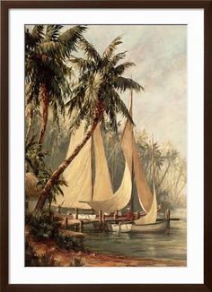 two sailboats in the water near palm trees