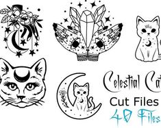 four cat designs with stars, moon and crescents on white background for cutting files