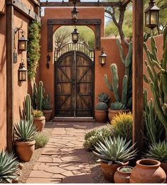 the entrance to an adobe style home with cactus and cacti in pots on either side