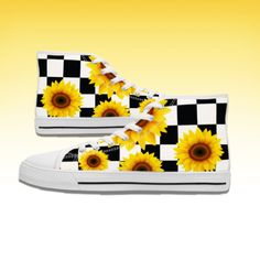 Women's Hi-Top Sneakers Black and Yellow Checkerboard Sunflower, High Top Sunflower Shoes, Women's Sunflower shoes, Unique High-Top Sneakers Sunflower Shoes, Womens High Top Shoes, Style Converse, Shoes Unique, Converse Style, Sneaker Games, Cute Pillows, Hi Top, Strong Colors