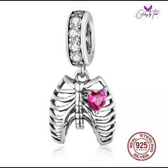 925 Sterling Silver Rib Cage Charm With Pink Cubic Zirconia Heart Stone Made For Pandora Bracelet Pandora Bracelet Charms Ideas, Compass Bracelet, Charms Pandora, Surfer Necklace, Bracelet Pandora, Mermaid Earrings, Turtle Earrings, Heart Shaped Rings, Pandora Bracelet Charms