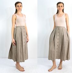 "Linen maxi skirt Handmade beige linen skirt with buttons and 2 pockets , perfect for casual wear and suitable for any occasion in any season Details: - 100% natural linen produced in Europe ; - medium weight (180 gram per square meter); - color: beige, could be any from our catalog colors (color samples at the photo); Made to order, approximately a few days, If you have any questions please message me and I will be glad to answer. Size guide : Size XS Bust: fits bust around 33\"-34\"/ 84-88 cm Beige Linen Skirt, Maxi Skirt Summer, Wrap Dress Casual, Linen Maxi Skirt, Maxi Skirts Summer, Linen Dress Summer, Skirt Linen, Summer Wraps, Skirt Casual