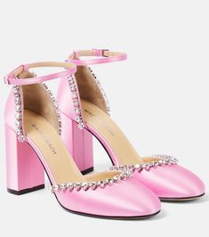 Audrey crystal-embellished satin pumps in pink - Mach Mach | Mytheresa Mid Heels Pumps, Blue Pumps, Pink Pumps, Embellished Denim, Satin Pumps, Evening Shoes, Shoe Show, Footwear Design Women, Slingback Pump