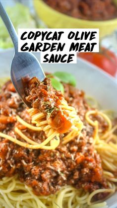 a fork full of spaghetti with meat sauce and tomatoes on the side, in a bowl