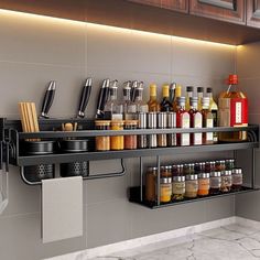 a shelf with spices and condiments on it in a kitchen area next to a sink