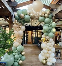 an arch made out of balloons in the middle of a walkway with potted plants