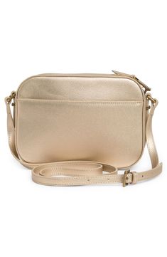 A crossbody bag shaped from smooth leather in a metallic hue is perfect for a night out. 6.5"H x 9"W x 2.5"D 23" strap drop Lined Leather Imported Metallic Shoulder Bag For Evening With Zipper, Gold Travel Crossbody Shoulder Bag, Metallic Crossbody Shoulder Bag For Evening, Modern Crossbody Camera Bag For Evening, Modern Evening Crossbody Camera Bag, Chic Metallic Shoulder Bag With Adjustable Strap, Chic Metallic Bag With Adjustable Strap, Metallic Shoulder Bag With Adjustable Strap For Party, Metallic Evening Shoulder Bag With Zipper Closure