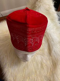 Hand made Yoruba Traditional hat Traditional Adjustable Beanie Bonnet, Traditional Red Hat With Round Crown, Red Wedding Cap, Traditional Ceremonial Hats With Short Brim, Ceremonial Hats With Adjustable Round Crown, Adjustable Ceremonial Hat With Round Crown, Traditional High Crown Ceremonial Hats, Ceremonial Adjustable Hat With Round Crown, Traditional High Crown Costume Hat For Wedding