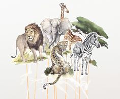 four different types of wild animals are depicted in this watercolor painting on white paper