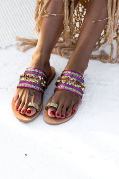 "Leather sandals handmade to order in Greece. **FREE SHIPPING via the DHL express worldwide** --please do not forget to include a phone number at checkout-- \"Barouk\" sandals are a new addition to our collection and their theme and colors are inspired from the mysterious middle east culture. These boho women sandals are manufactured for long and everyday use as they are very comfortable and have a perfect fit at the most of the feet. With a wide leather strap and a toe ring these flats are real Bohemian Embellished Party Sandals, Summer Party Toe Ring Sandals, Bohemian Handmade Open Toe Ring Sandals, Bohemian Embellished Sandals For Summer, Embellished Toe Post Sandals For Festival, Bohemian Embellished Sandals For The Beach, Embellished Toe Post Festival Sandals, Artisan Toe Loop Sandals For Beach, Summer Bohemian Embellished Sandals